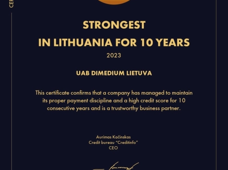 Dimedium Lietuva receives certificate “Strongest in Lithuania for 10 years”